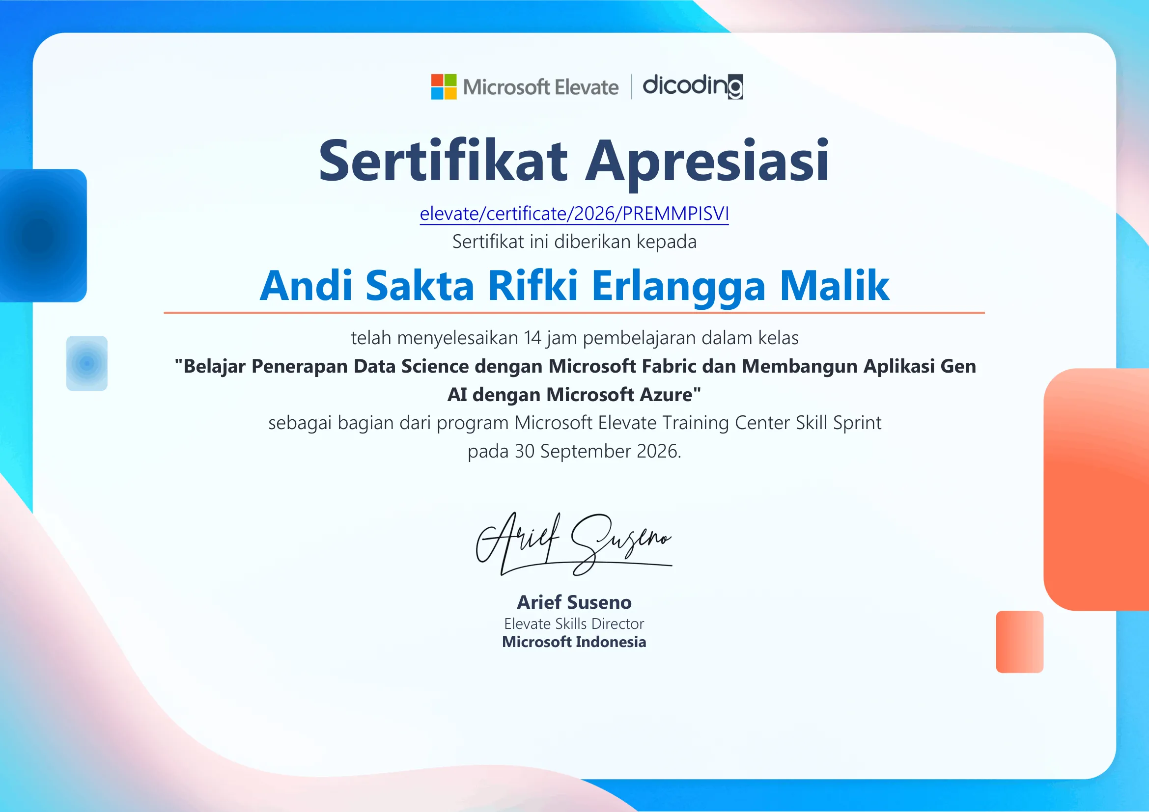 Microsoft Elevate Training Center Skill Sprint Certificate
